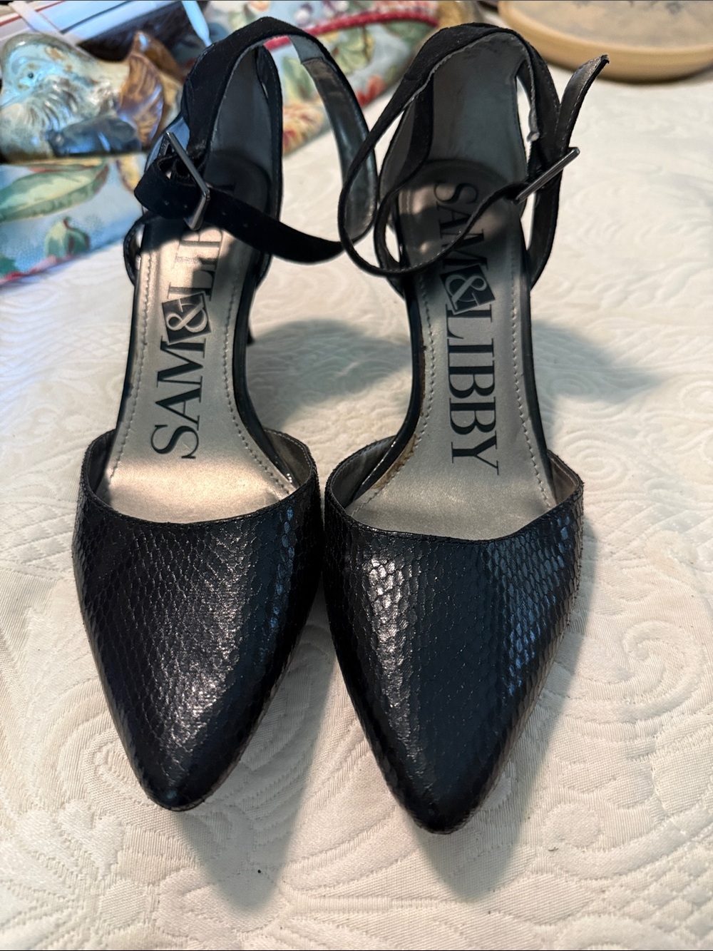 Sam & Libby Black Pointed Ankle-Strap Pumps with Faux Snakeskin